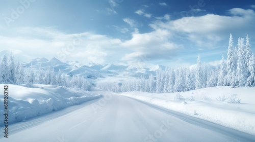 3d illustration of snowy road advertisement. snow road with mountains isolated. Travel and vacation background.