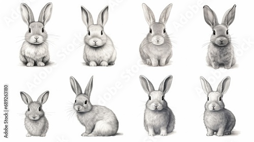 set collection of drawn easter rabbit bunnies isolated on white