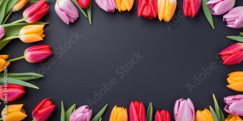 spring colorful tulips frame on dark background #689263189