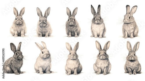 set collection of drawn easter rabbit bunnies isolated on white