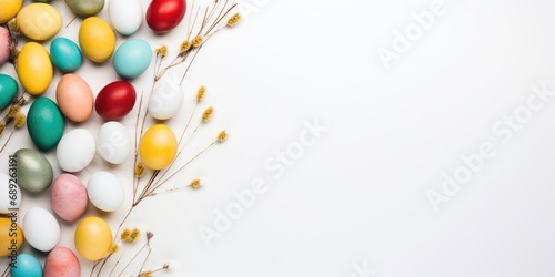 colored easter eggs decoration frame on bright background copy space photo