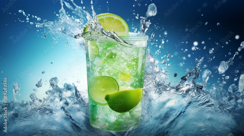 3d lime juice soda ad template. Realistic can crashing frozen ice with ...