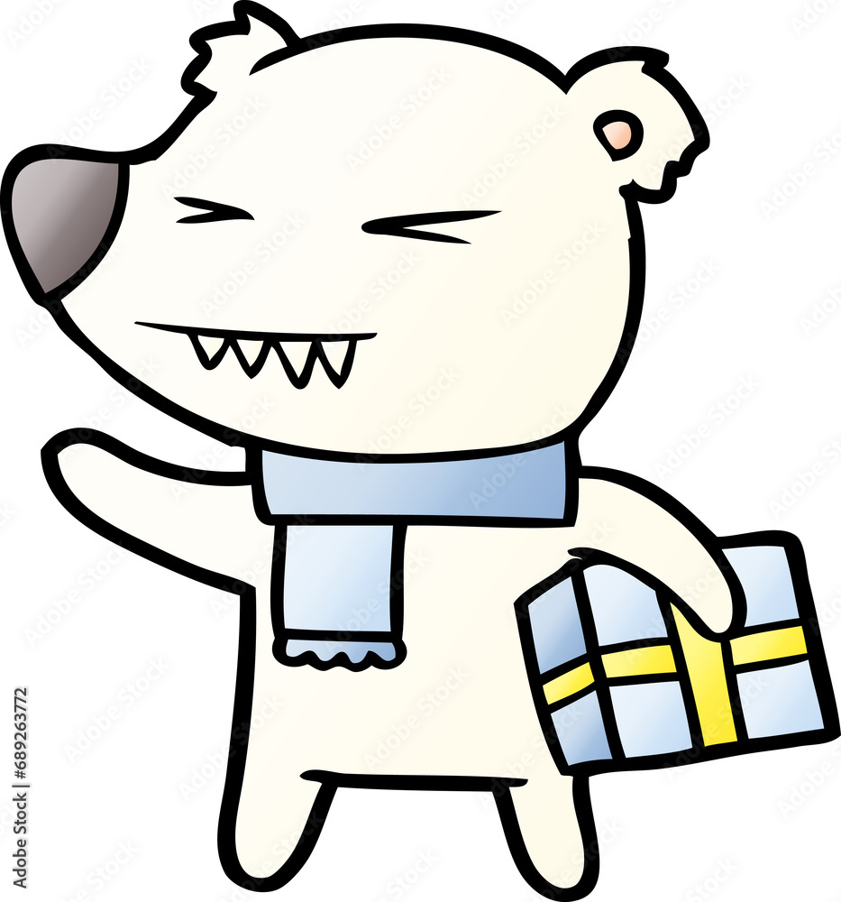cartoon angry polar bear with xmas present