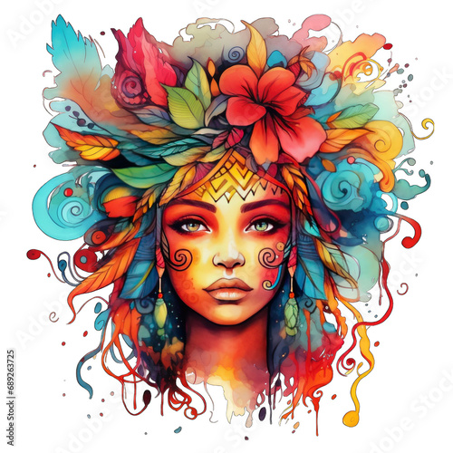 Fantasy boho woman girl with flowers in hair  portrait watercolor illustration  transparent background