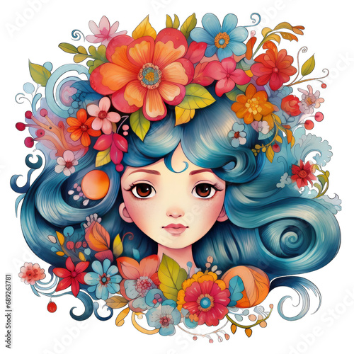 Fantasy boho woman girl with flowers in hair, portrait watercolor illustration, transparent background