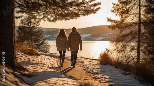 Couple's Winter Walk at Sunset in Snowy Park © PHOTOVERTICE