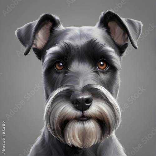 black schnauzer dog head. illustration. Gray background. Generative AI