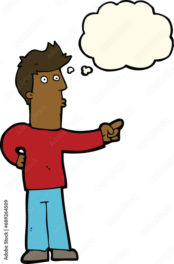 cartoon curious man pointing with thought bubble