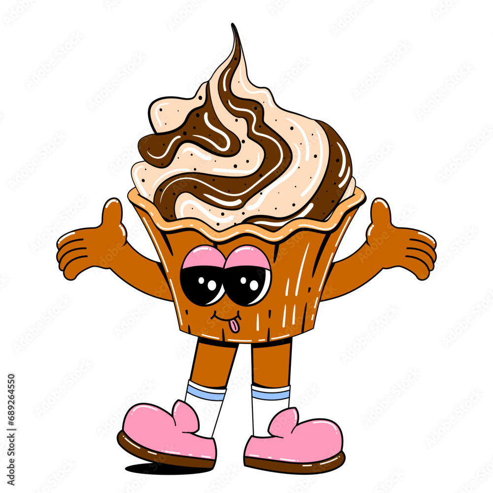 Cute cupcake character in retro cartoon style. Vector illustration of a sweets mascot with a cheerful face, arms, legs. Cute cupcake character in retro cartoon style. Vector illustration of a sweets mascot with a cheerful face, arms, legs.