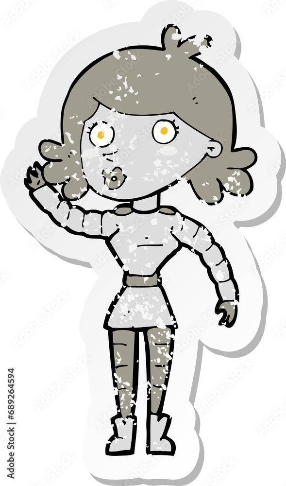 Fototapeta premium retro distressed sticker of a cartoon robot woman waving