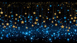 dark background with golden and blue stars hanging from above, with some stars having a shiny trail, creating a beautiful night sky scene