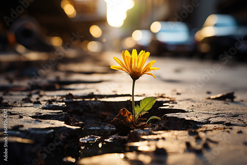 Yellow flower plant blossom breaking through concrete or cement asphalt. Tenacity of nature to find life and flourish even in the toughest urban settings overcoming difficulties concept.