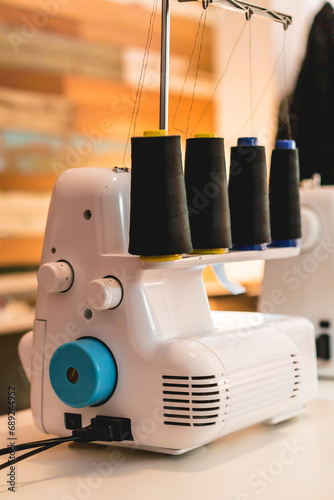 Close-up of an overlock sewing machine