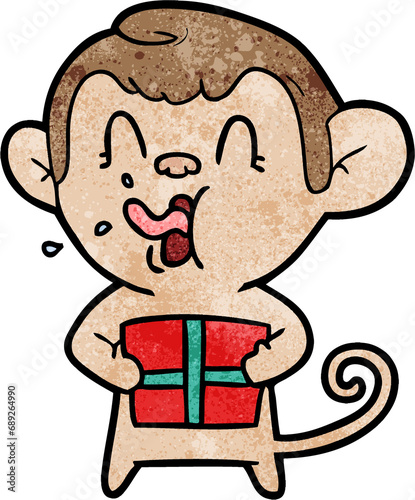 crazy cartoon monkey with christmas present