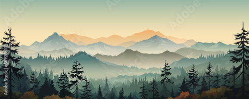 Beautiful panoramic mountain landscape. Stunning mountains in the fog with amazing silhouettes of forests and trees. Wonderful landscape to print. Vector illustration for postcard, poster, banner. photo