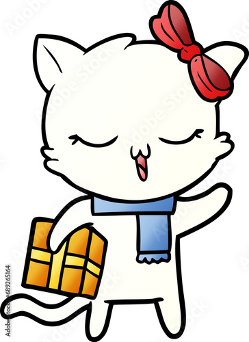 cartoon girl cat with christmas present