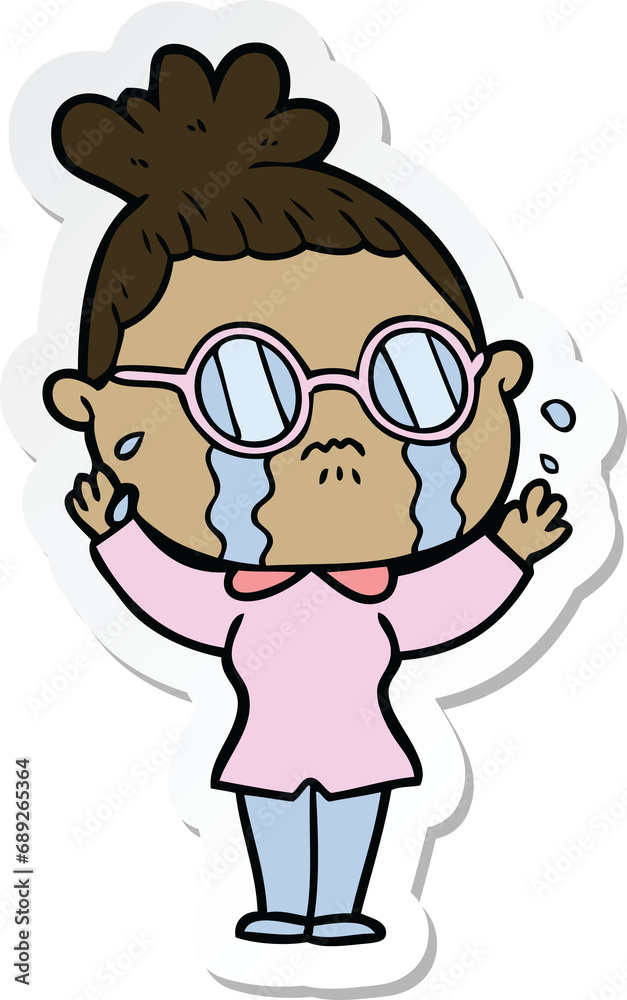 sticker of a cartoon crying woman wearing spectacles sticker of a cartoon crying woman wearing spectacles