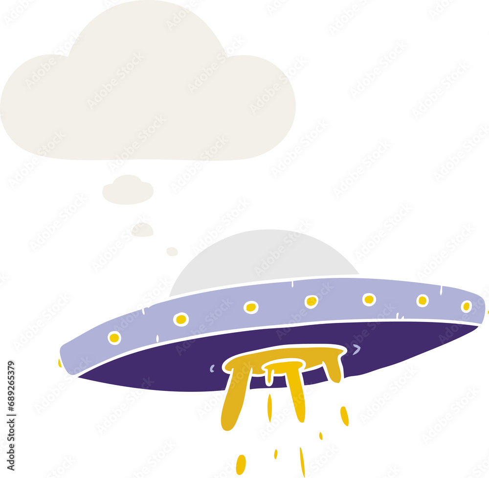 cartoon flying UFO with thought bubble in retro style