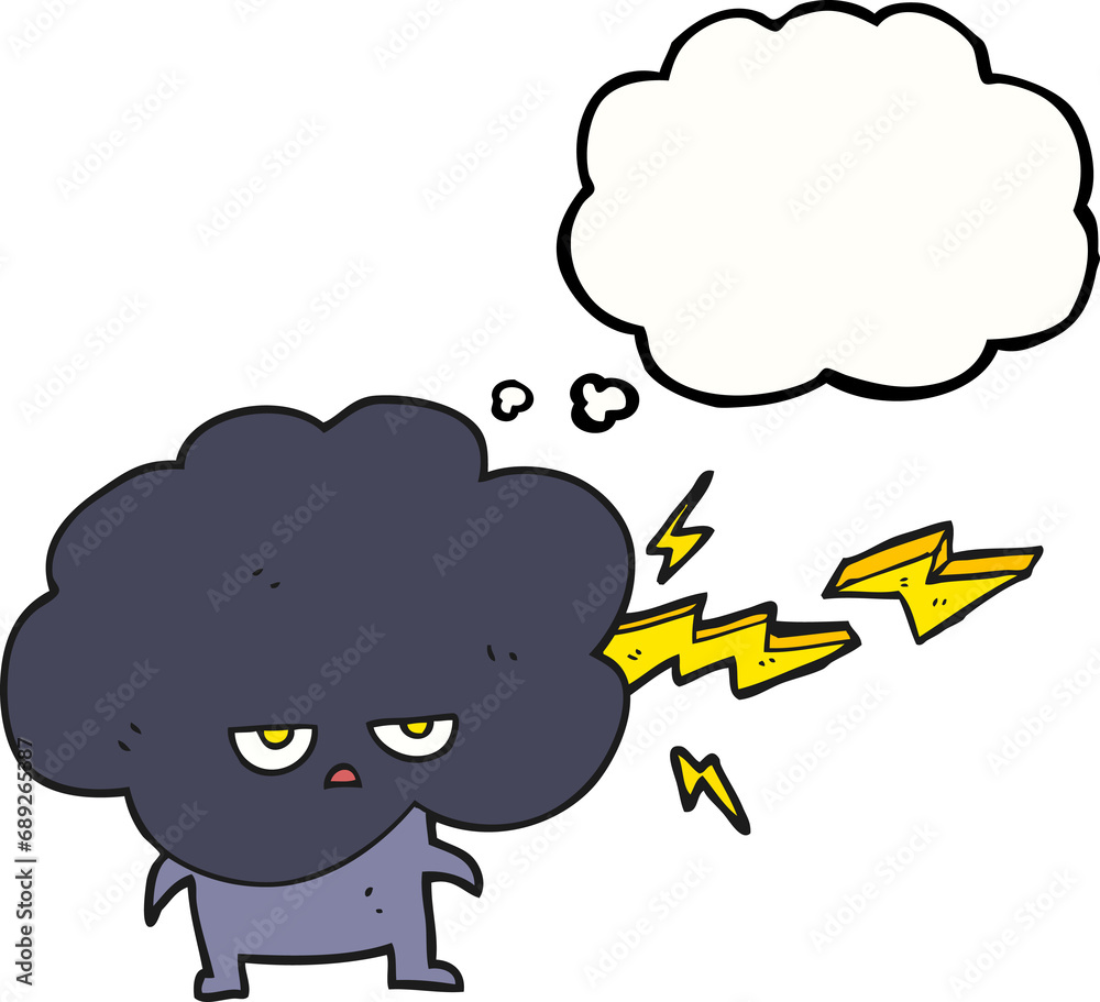 freehand drawn thought bubble cartoon raincloud character shooting lightning freehand drawn thought bubble cartoon raincloud character shooting lightning