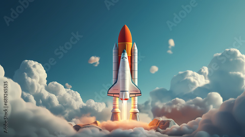 3D rocket in space. Shuttle launch 3D rocket in space and clouds. Business startup and business growth concept with place for text, banner template