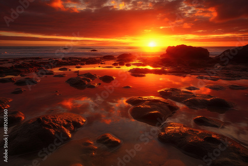 Sunset or sunriseview rest on travel concept. Calm sea with foamy waves sunset sky and sun through the clouds over. Meditation ocean and sky background. Tranquil seascape coast. Horizon over the water