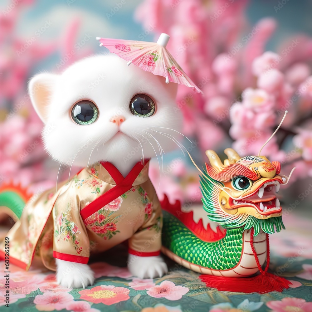 The baby dragon wishes Asian New Year and welcomes the New Year by Ai generated