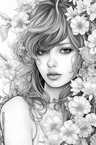 Beautiful young woman in a garden, black and white line art