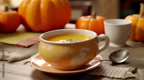 Yellow pumpkin soup as meal for autumn.Generative AI