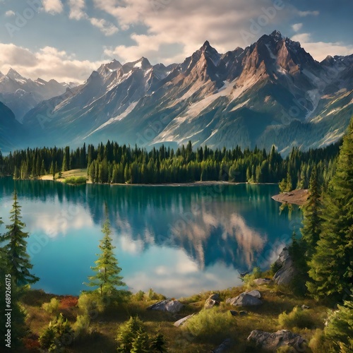 Beautiful nature landscape with mountains and lake © u