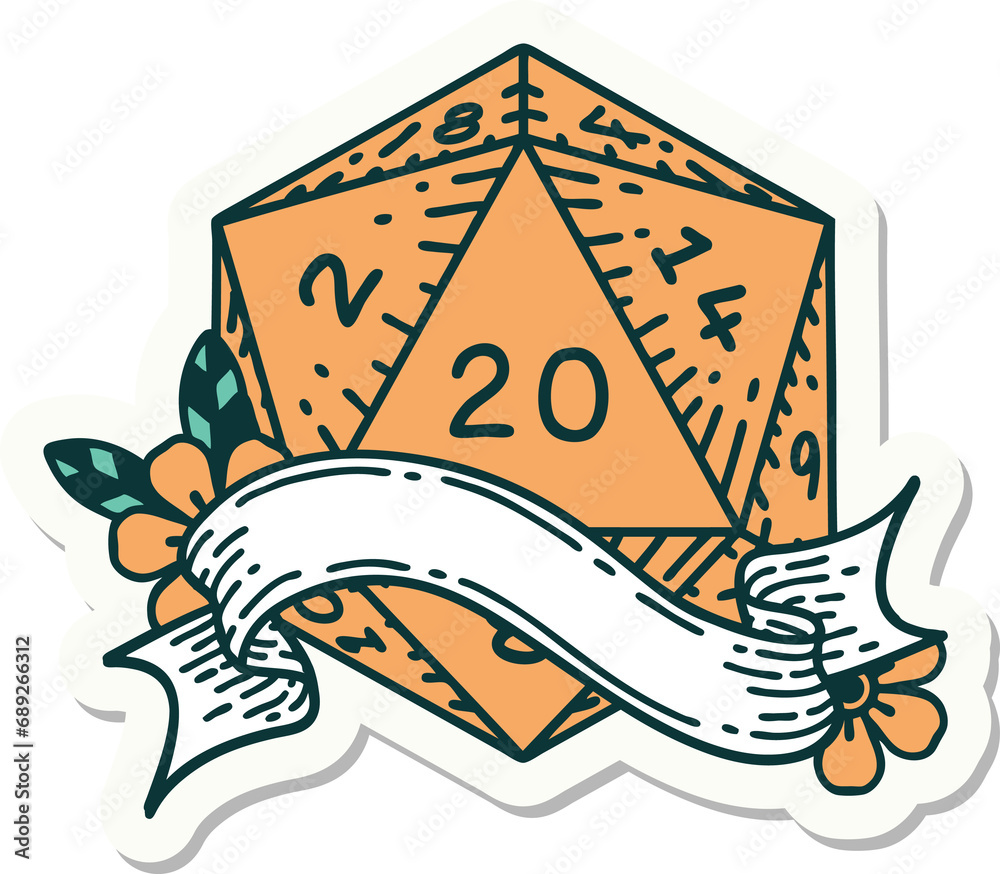 sticker of a natural twenty D20 dice roll