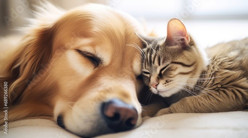Cat and dog sleeping together. Kitten and golden retriever taking nap. Home pets. Animal care. Love and friendship. Domestic animals. © Svetlana
