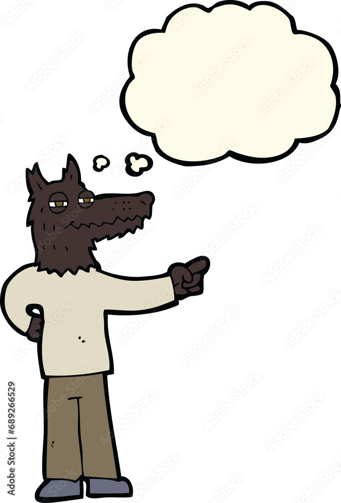 cartoon pointing wolf man with thought bubble cartoon pointing wolf man with thought bubble