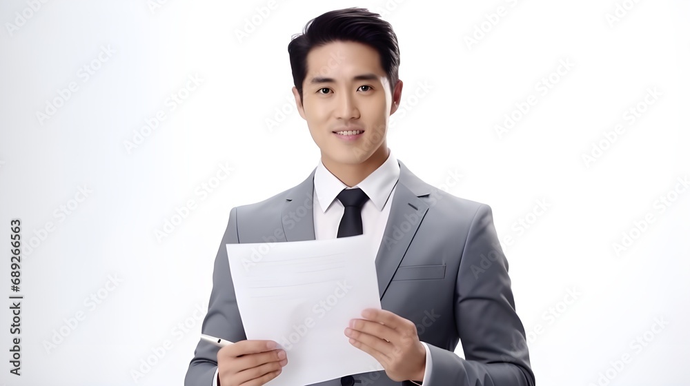 Photo waist-up portrait of confident handsome asian male professional office manager, business entrepreneur in grey suit introducing his project reading speech from paper hold document smiling Photo waist-up portrait of confident handsome asian male professional office manager, business entrepreneur in grey suit introducing his project reading speech from paper hold document smiling