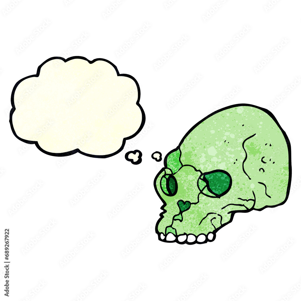 cartoon spooky skull with thought bubble