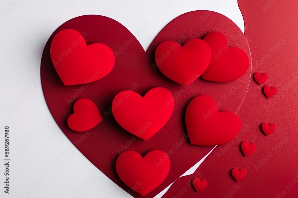 arrangement of paper red hearts  on white background with copy space