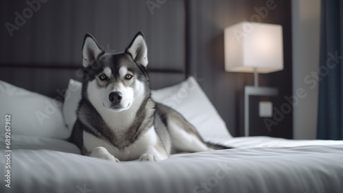 Lovely siberian husky dog relax lying on bed picture AI Generated art