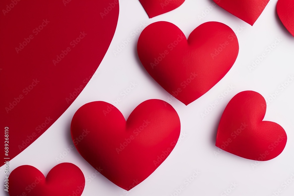 arrangement of paper red hearts  on white background with copy space