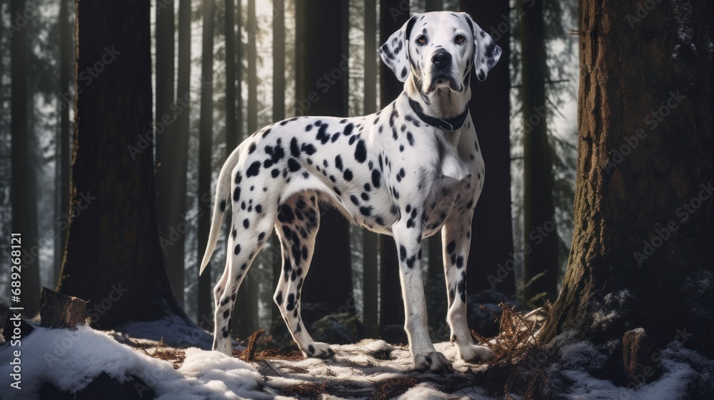 Dalmatian taking a stroll in a snowy forest, creating a picturesque winter scene.