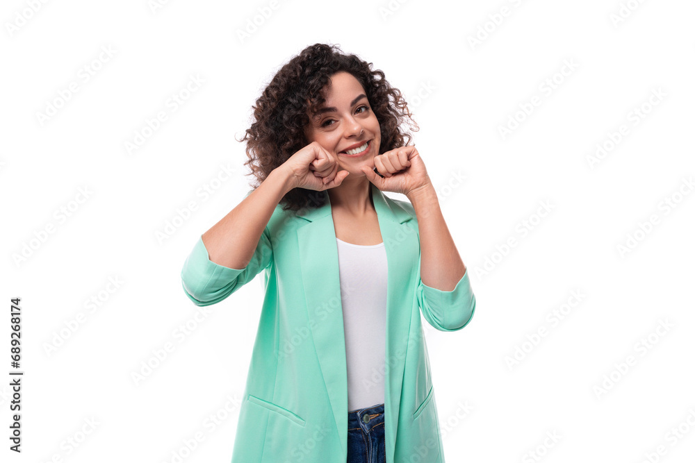 young leader woman with curly black hair dressed in jacket smiling isolated on white with copy space young leader woman with curly black hair dressed in jacket smiling isolated on white with copy space