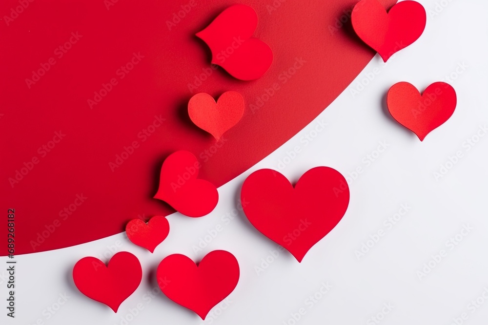arrangement of paper red hearts  on white background with copy space