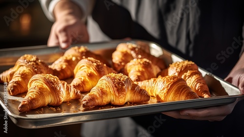 The baker is transporting the croissants that have been freshly baked to a metal tray to cool and is holding them by the sides. photo