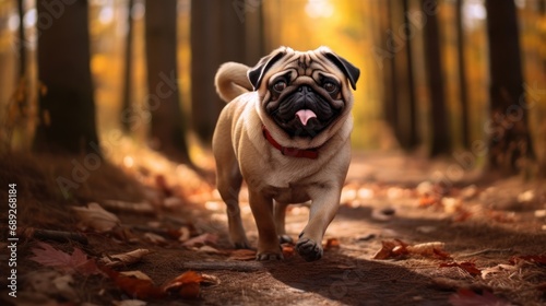 Pug enjoying a walk in a forest during the autumn season, surrounded by the warm and vibrant colors of fall foliage.