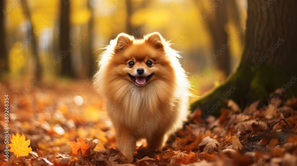 Pomeranian enjoying a walk in a forest during the autumn season, surrounded by the warm and vibrant colors of fall foliage. Pomeranian enjoying a walk in a forest during the autumn season, surrounded by the warm and vibrant colors of fall foliage.