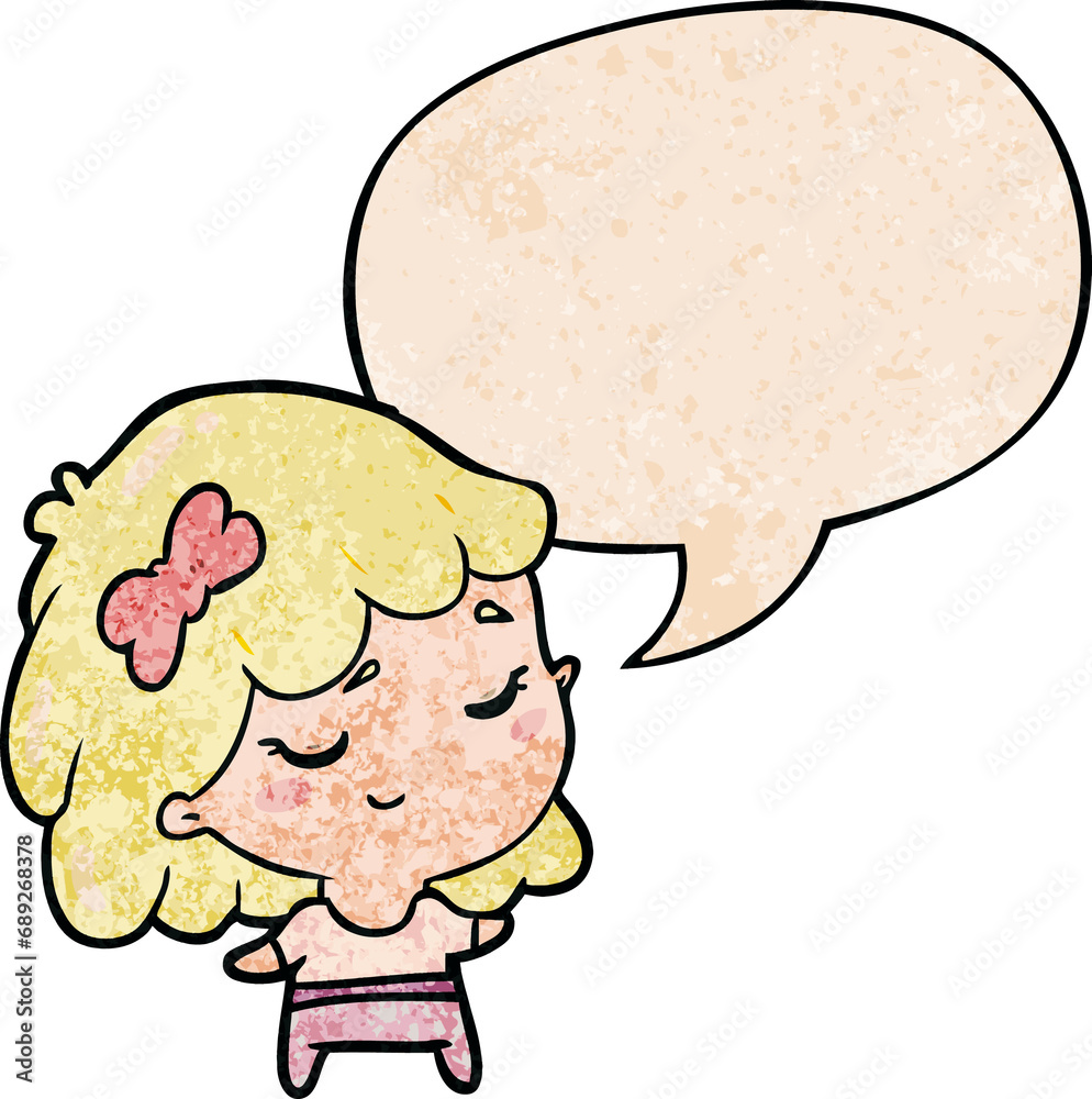 Obraz premium cute cartoon happy girl with speech bubble in retro texture style