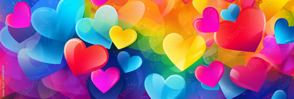 Colorful hearts background banner. Valentine's Day. Panoramic web header with copy space. Wide screen wallpaper.