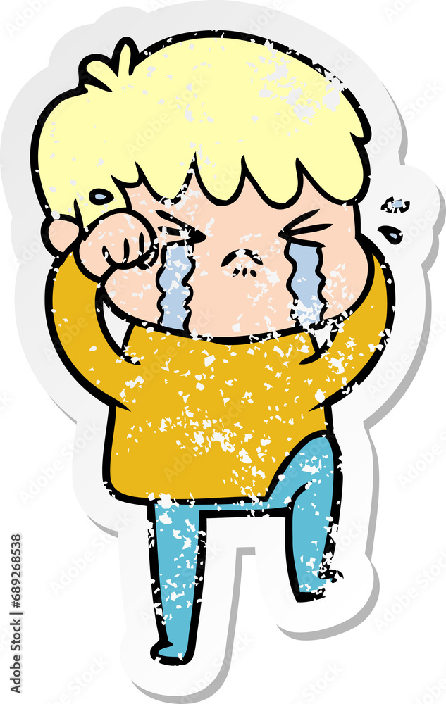distressed sticker of a cartoon boy crying