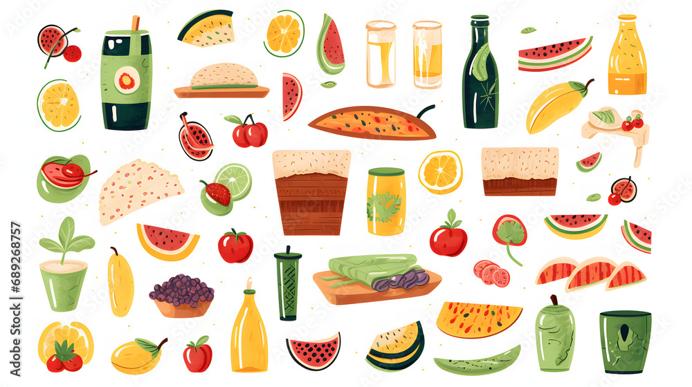 set of different picnic food and drinks snacks fruits. set of different picnic food and drinks snacks fruits.