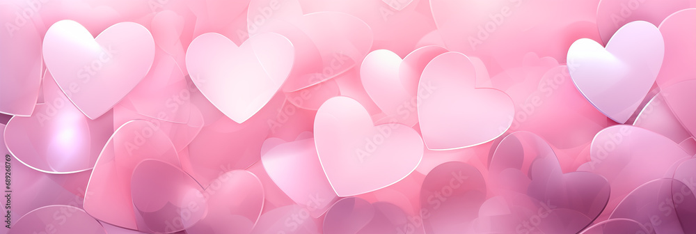 Valentine's Day banner. Beautiful pink background with hearts, lights, sparkles and bokeh header.
