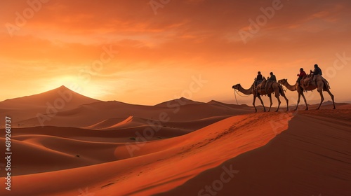 A picture of a camel caravan in the desert during sunrise