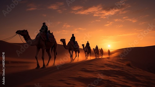 A picture of a camel caravan in the desert during sunrise